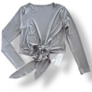 Women's M Light Grey Wrap Tie Front Crop Top Long Sleeve Yoga Pilates Athleisure